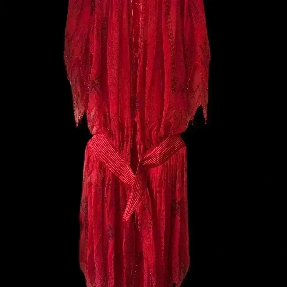 Zandra Rhodes Scarlet Red Silk Printed BoHo Gown with Beadwork Embellishment - Picture 2 of 5